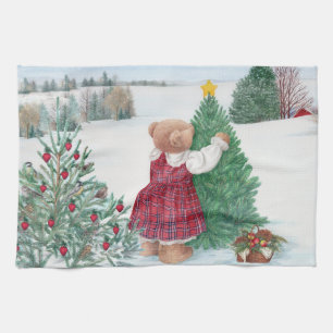 Whimsical Christmas Bear Winter Pine Tea Towel
