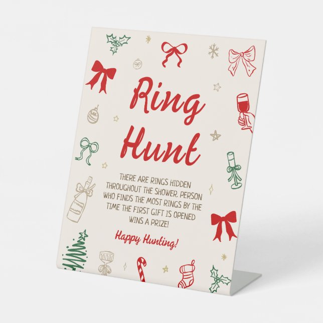 Whimsical Christmas Bridal Shower Ring Hunt Game Pedestal Sign (Front)