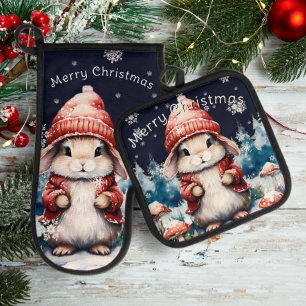 Whimsical Christmas Bunny Oven Mitt & Pot Holder Set