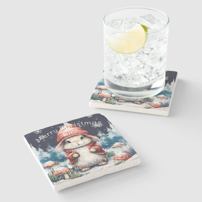 Whimsical Christmas Bunny Personalised Stone Coaster (Side)