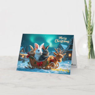 Whimsical Christmas Bunny Sleigh Ride Holiday Card
