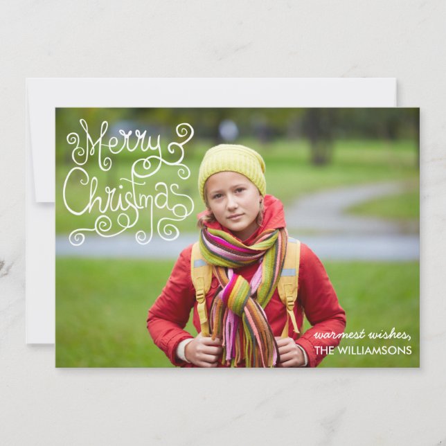 Whimsical Christmas Calligraphy Swirl Your Photo Holiday Card (Front)