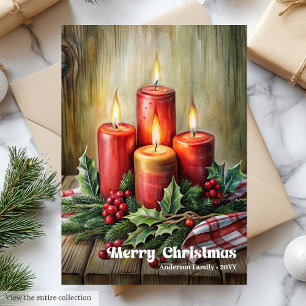 Whimsical Christmas candles rustic pine wreath Holiday Card