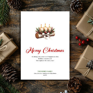 Whimsical Christmas candles wooden log greeting Holiday Card