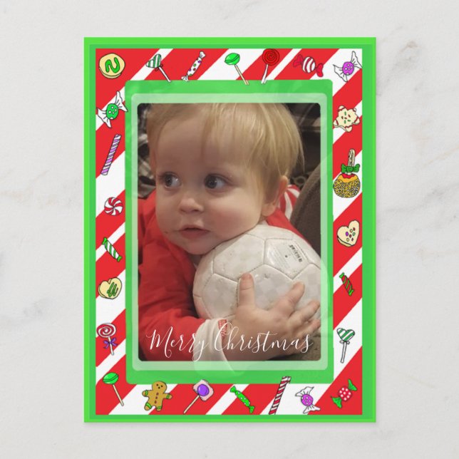 Whimsical Christmas Candy Cane Family Photo Postcard (Front)