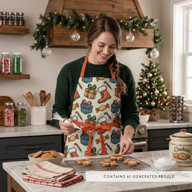 Whimsical Christmas Candy Cane Gift Pattern MH26 Apron (Cozy Whimsical Christmas Baking Apron With Colorful Gifts, Festive Stockings, And Candy Canes.)