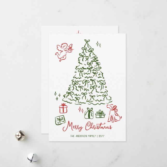 Whimsical Christmas card hand drawn tree  (Front/Back In Situ)