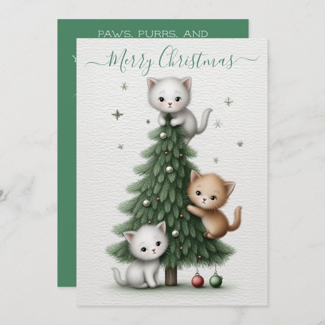 Whimsical Christmas Card with Cartoon Kittens  (Front/Back)