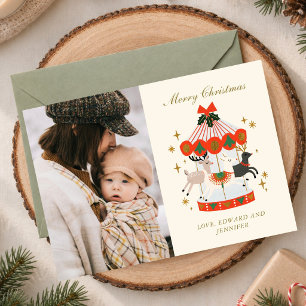 Whimsical Christmas Carousel Family Photo Holiday Card