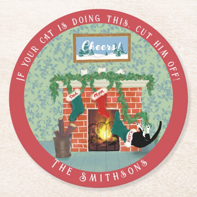 Whimsical Christmas Cat and Stockings Scene Round Round Paper Coaster (Front)