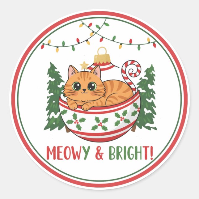 Whimsical Christmas Cat Ornament Sticker (Front)