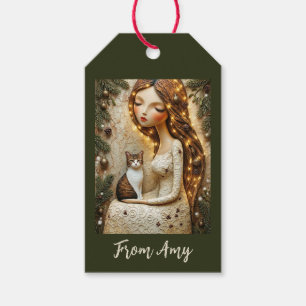 Whimsical Christmas Cat Winter Maiden Art Card Gift Tags
