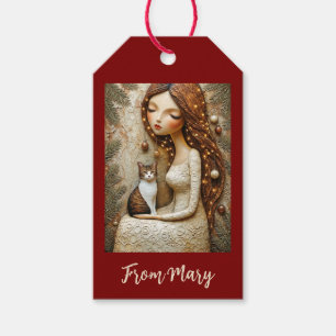 Whimsical Christmas Cat Winter Maiden Art Card Gift Tags