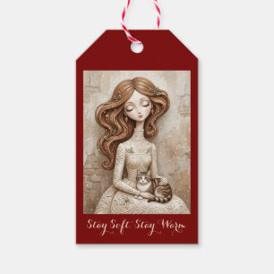 Whimsical Christmas Cat Winter Maiden Art Gift Tag
