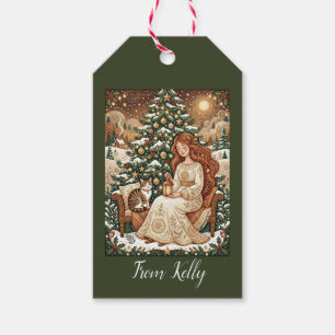 Whimsical Christmas Cat Winter Maiden Art Gift Tags