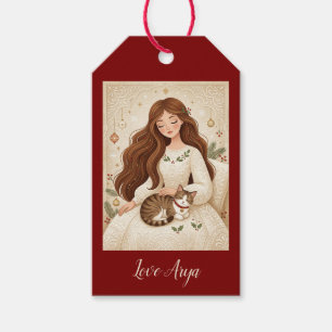 Whimsical Christmas Cat Winter Maiden Art Gift Tags