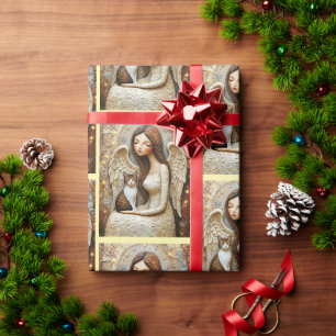 Whimsical Christmas Cat Winter Maiden Art Wrap Wrapping Paper