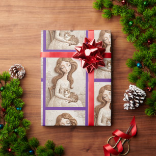 Whimsical Christmas Cat Winter Maiden Art Wrapping Paper