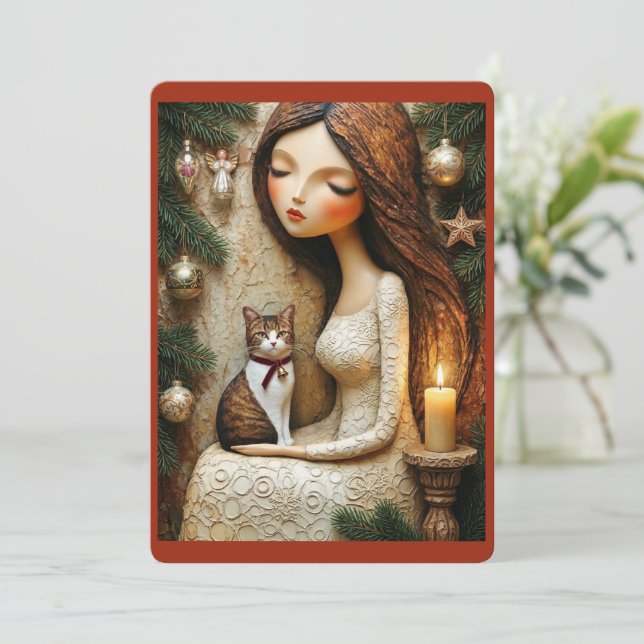 Whimsical Christmas Cat Winter Maiden Flat Card (Standing Front)