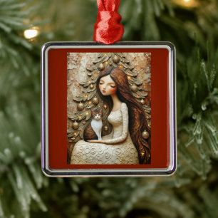 Whimsical Christmas Cat Winter Maiden Ornament