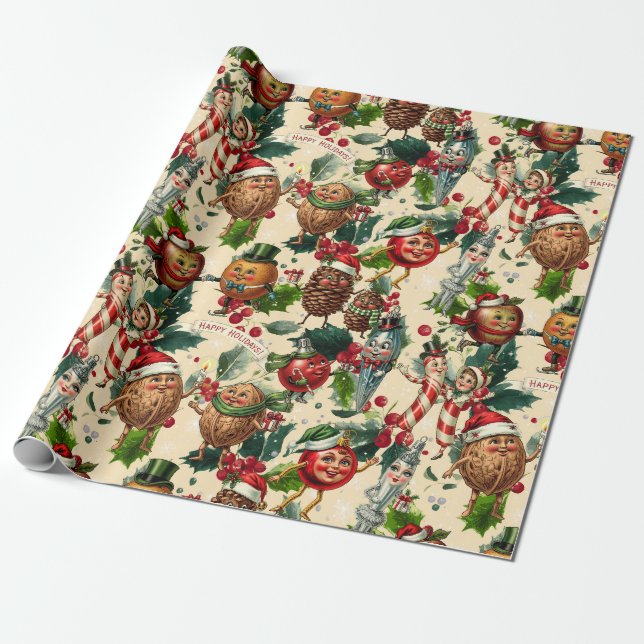 Whimsical Christmas Characters Wrapping Paper (Unrolled)