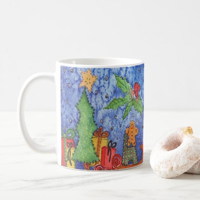 Whimsical Christmas Cheer Watercolor Painting Coffee Mug (With Donut)