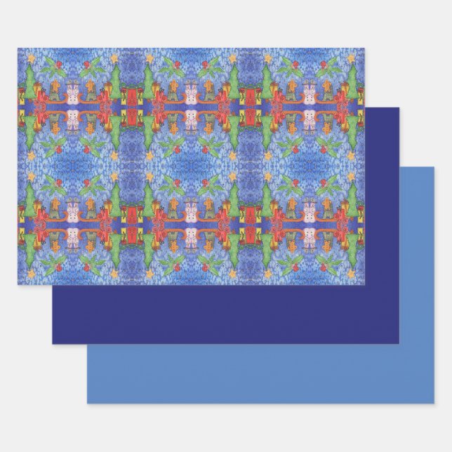 Whimsical Christmas Cheer Watercolor Painting Wrapping Paper Sheet (Set)