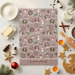 Whimsical Christmas Cookie Pattern Winter Family Tea Towel