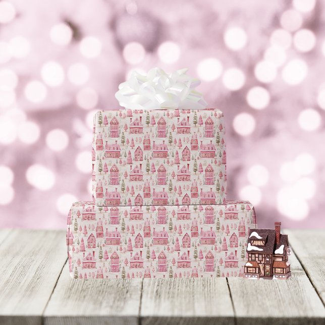 Whimsical Christmas Cottage Homes Pink Wrapping Paper (Creator Uploaded)