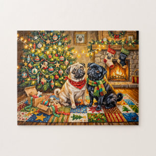 Whimsical Christmas Cottage Mops Dog Illustration Jigsaw Puzzle