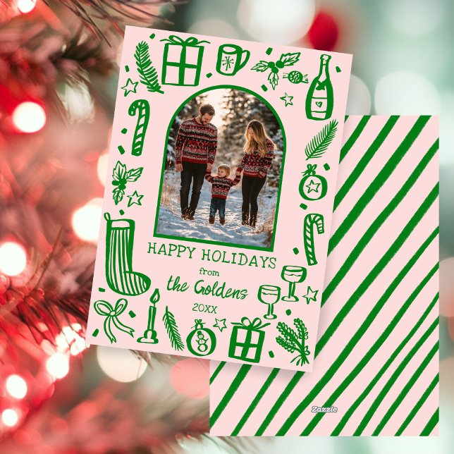Whimsical Christmas  Cute Custom Arch PHOTO  Holiday Card (Whimsical Hand Drawn Fun Christmas Cute Custom Arched PHOTO Xmas Holiday Card
)