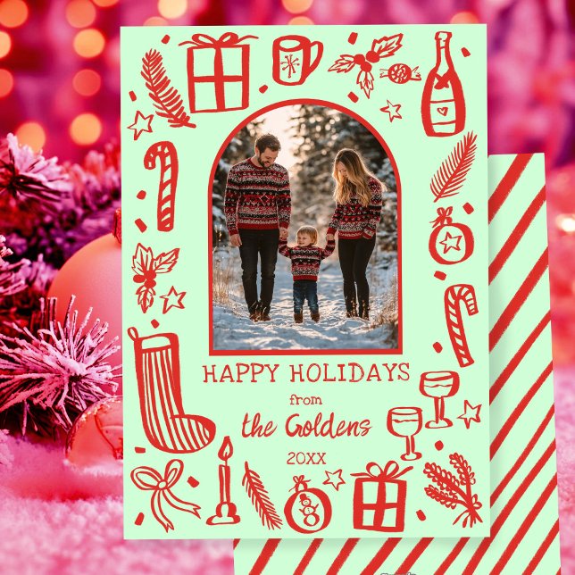 Whimsical Christmas  Cute Custom Arch PHOTO  Holiday Card (Whimsical Doodle Sketch Christmas Cute Custom Arch PHOTO Holiday Card
)