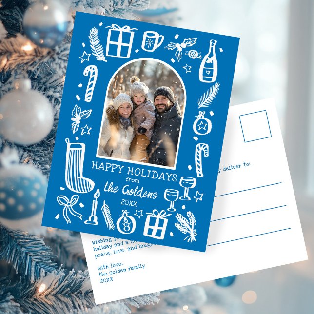 Whimsical Christmas  Cute Custom Arch PHOTO  Holiday Postcard (Whimsical Christmas Doodle Hand-drawn Cute Blue Custom Arch PHOTO Winter Holiday Postcard
)