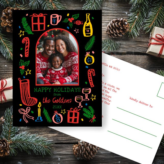 Whimsical Christmas  Cute Custom Arch PHOTO  Holiday Postcard (Whimsical Christmas Doodle Sketch Hand-drawn Cute Custom Arch PHOTO Holiday Postcard
)