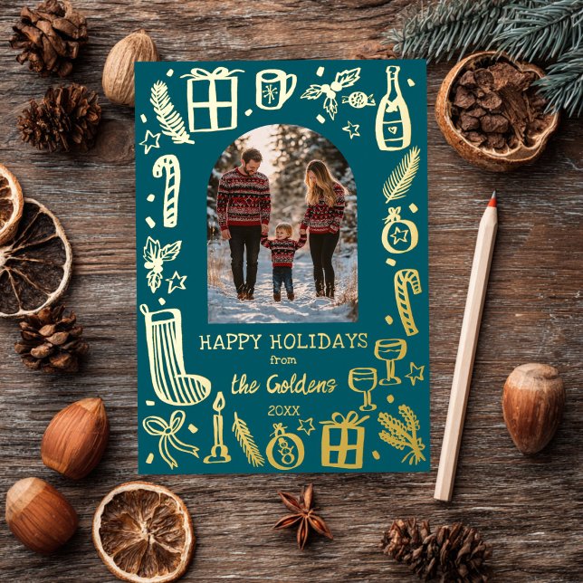 Whimsical Christmas  Cute Custom PHOTO GOLD Foil Holiday Card (Whimsical Christmas Cute Custom Arch PHOTO teal GOLD Foil Holiday Card
)