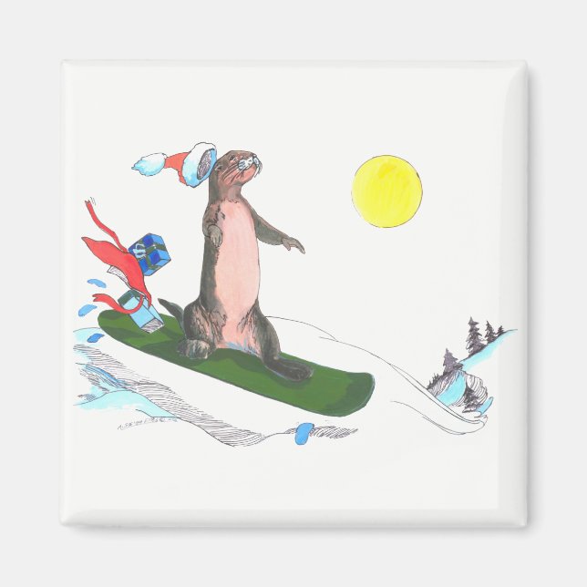 Whimsical Christmas Cute Otter Snowboarder Magnet (Front)