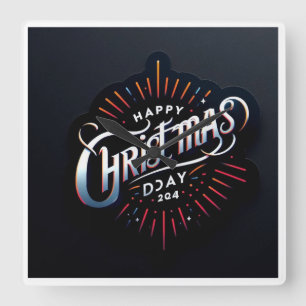 "Whimsical Christmas Day 2024: Paper Art Lettering Square Wall Clock