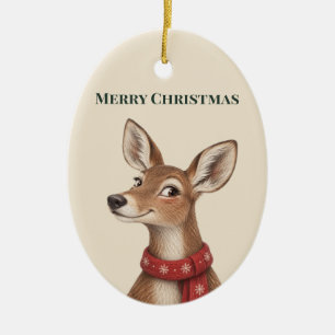 Whimsical Christmas Deer Red Scarf Farmhouse Ceramic Tree Decoration
