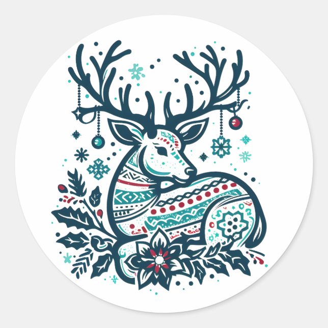Whimsical Christmas Deer Vector Clipart - Festive Classic Round Sticker (Front)