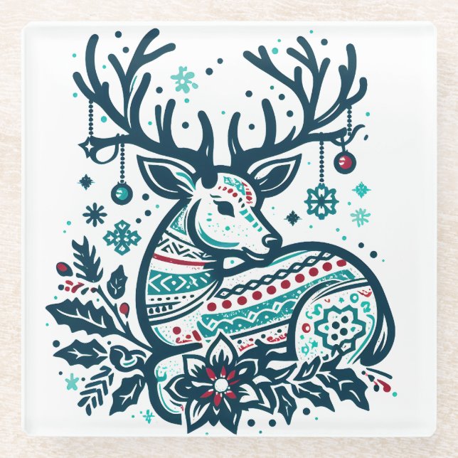 Whimsical Christmas Deer Vector Clipart - Festive Glass Coaster (Front)