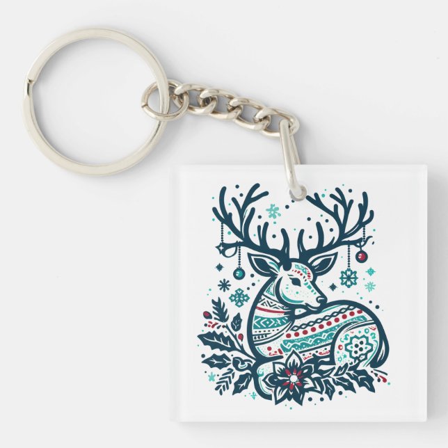 Whimsical Christmas Deer Vector Clipart - Festive Key Ring (Front)