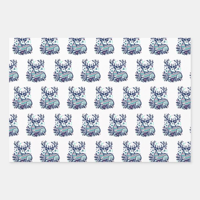 Whimsical Christmas Deer Vector Clipart - Festive Wrapping Paper Sheet (Front)