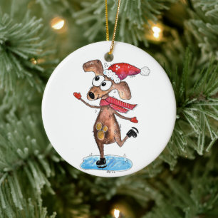 Whimsical Christmas Dog on Ice Skates Ceramic Tree Decoration
