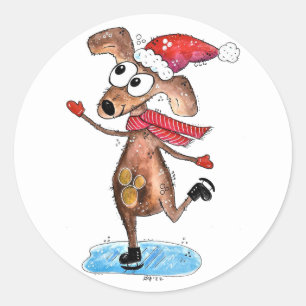 Whimsical Christmas Dog on Ice Skates Classic Round Sticker
