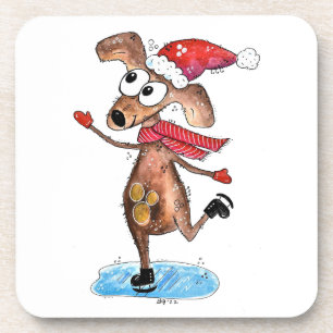Whimsical Christmas Dog on Ice Skates Coaster