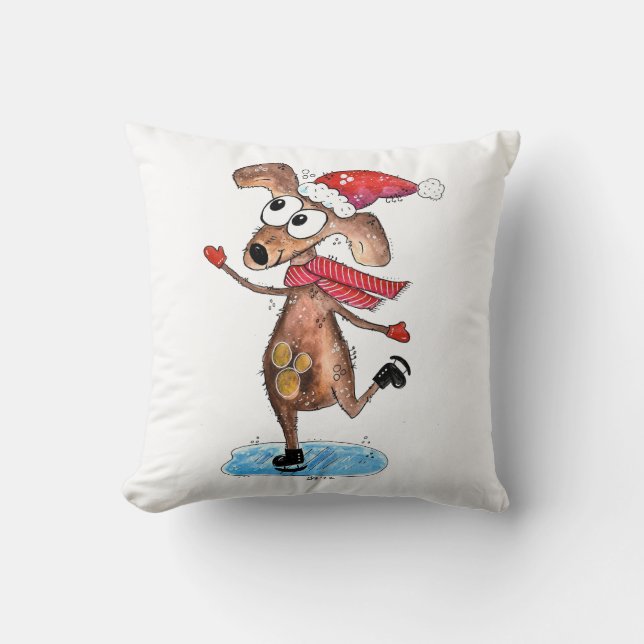 Whimsical Christmas Dog on Ice Skates Cushion (Front)