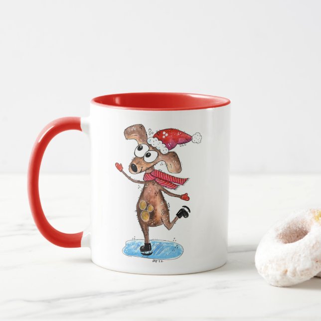 Whimsical Christmas Dog on Ice Skates Mug (With Donut)