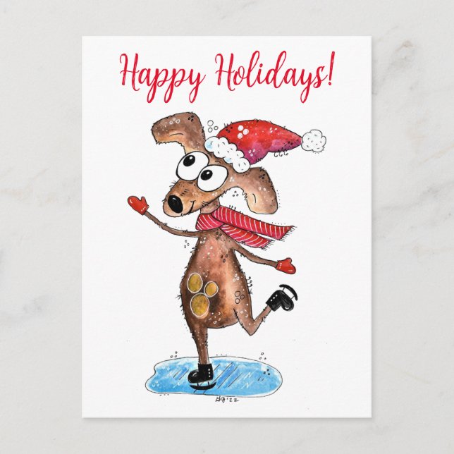 Whimsical Christmas Dog on Ice Skates Postcard (Front)