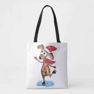 Whimsical Christmas Dog on Ice Skates Tote Bag