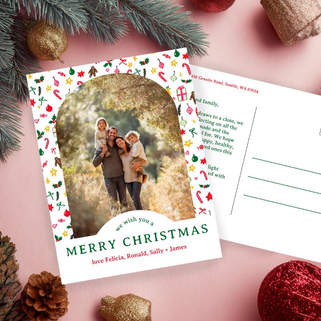 Whimsical CHRISTMAS Doodles CUSTOM Arch PHOTO Postcard (Whimsical CHRISTMAS Doodles CUSTOM Arch PHOTO Holiday Postcard
)